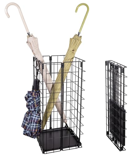 Umbrella Stand, Umbrella Holder for Entryway, Large Metal Foldable Umbrella Rack Organizer Freestanding, with Water Tray and Hooks, Rectangular Hollow Rack 9.5 x 9.5 x 19.7 Inches (Black) - color: Black