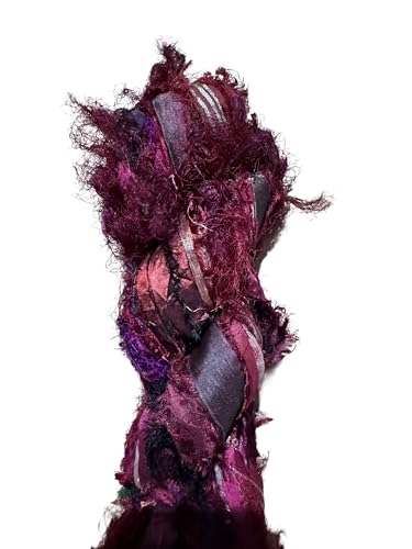 Maker's Craft Recycled Fuzzy Fringes Sari Silk Ribbon Yarn 35yards, 100Grams for DIY Knitting Crocheting Gift Wrapping, Christmas Decoration, Macrame Makers, Jewelry Making, Rugs Hooking (Maroon) - color: Maroon