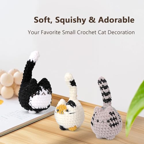 3 pcs Crochet Cats for Desk Decor, Cute Mini Handmade Knitted Cats for Shelf or Office Decor, Gifts for Women and Cat Lovers