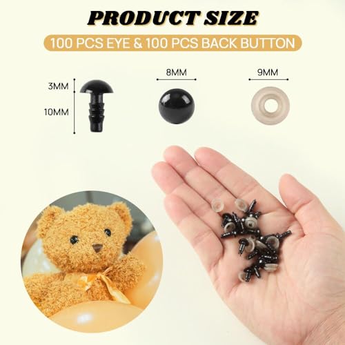 KAKULO 100 PCS 8mm Safety Eyes Black Plastic Crafts Eyes with Washers | for Stuffed Animals Amigurumis Crochet Bears Doll Making - color: 8mm
