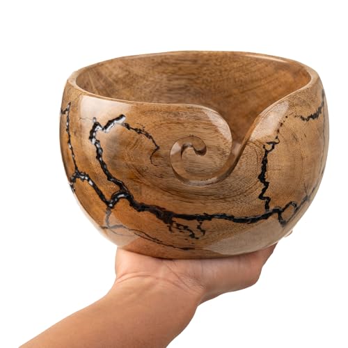 Mangowood Yarn Bowl for Crocheting, Large 7x4 inch Cute Crochet Wooden Yarn Holder & Knitting Gadgets Supplies, Gifts for crocheters Handmade Bowl with Fractal Burning & Black Resin Inlay (M-Black) - color: M-Black