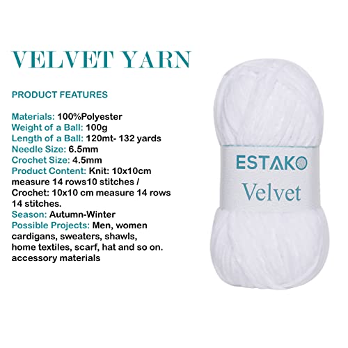 Estako Velvet Yarn for Crocheting, Super Bulky Chenille Yarn, White | ultra soft, plush, cozy, thick, fluffy, polyester, 100 g, 132 yds, amigurumi, 4.5 mm hook - color: 1110 - White, size: Pack of One