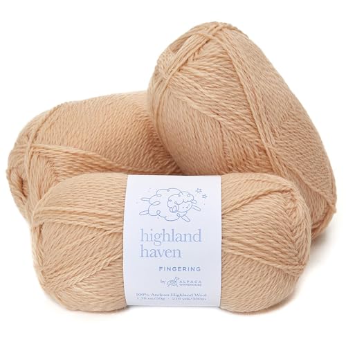 Highland Haven - 100% Highland Wool Yarn Set of 3 Skeins (150 Grams) Fingering Weight - Sourced Directly from Peru - Heavenly Soft and Perfect for Knitting and Crocheting(Fingering, Peach Nude) - color: Peach Nude, size: Fingering