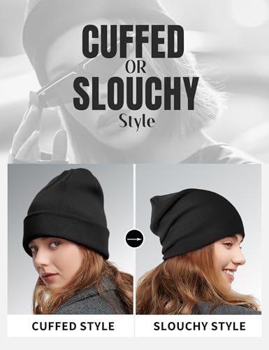 Fleece Lined Wool Beanie Hat Men Women, Warm Cuffed Winter Cap | 50% Wool Thermal Knit, Soft Velvet Fleece Liner, Long Style Full Ear Cover Warm Watch Cap, Tall Roomy Crown Skull Cap - color: Black