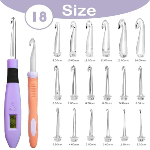 Yarniss 18 Size Digital Counting Crochet Hooks Set with Light 2.0mm~14.0mm | Lighted Crochet Hooks That Count Stitch & Row, Interchangeable Metal Head - color: Purple-18 Size with Light & Counter
