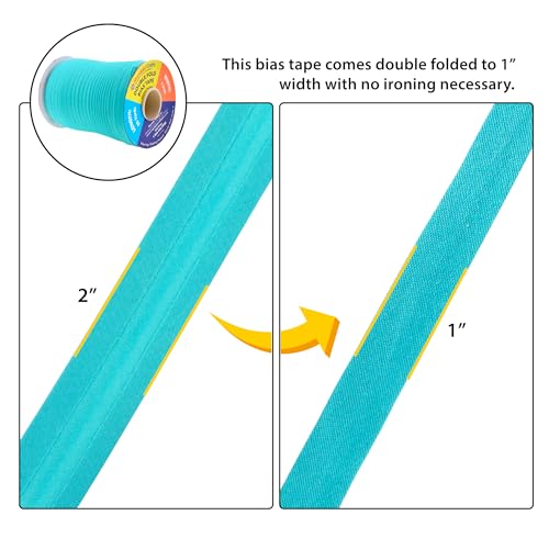 Mandala Crafts 55 Yds 1 Inch Aquamarine Double Fold Bias Tape for Sewing | Machine Washable Binding Tape for Quilting, Hemming, Seams, Fabric Piping, All Fabrics & Denim, Indoor & Outdoor - color: Aquamarine, size: 1 Inch 55 Yards