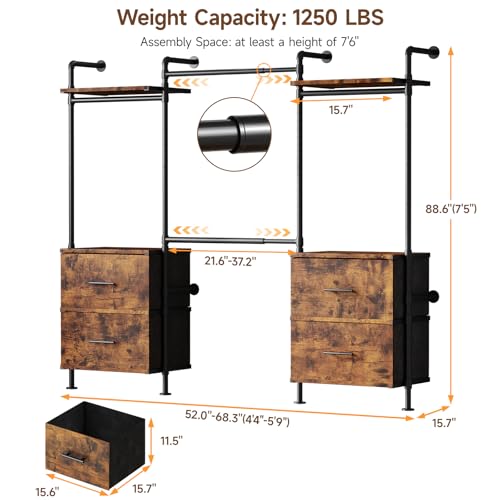 ONBRILL T4 Wall Mounted Closet System with 4 Large Drawers & 4 Hanging Rods | Adjustable from 4'4'' to 5'9'', Industrial Pipe Clothing Rack with 8 Wood Shelves, Heavy Duty Closet Organizers, Rustic Brown - color: Rustic Brown