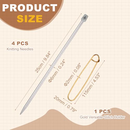 MECCANIXITY 4Pcs J(6mm) Single Pointed Knitting Needles Set, 9.8" Length Stainless Steel Crochet Needle with Versatile Stitch Holder for Beginner, Crocheter DIY Making, Silver - size: J(6mm) 9.8" Length