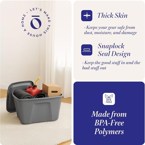 HOMZ 4-Pack Durable Molded Bin, Plastic Storage Containers w/Lids, 10 Gallon, Silver - Stackable Organizer Totes and Boxes for Bedroom, Kitchen, and Garage Organization - color: Titanium Silver, size: 10 Gallon (4 Pack)