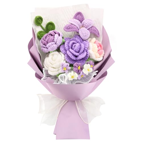 Handmade Crochet Flower Bouquet, Crochet Flowers, Knitted Flowers | Mixed Flowers, Crochet Bouquet, Artificial Flower Crochet Rose Tulip for Lover, Friend,family, Wedding Anniversary - color: Purple