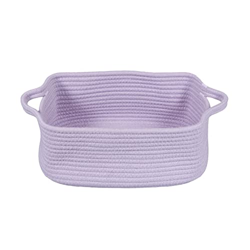 XUANGUO Medium Woven Cotton Rope Storage Basket with Handles, Light Purple | Small decorative rectangle storage bin for baby nursery items and cat toys; ideal as an empty gift basket or dog toy basket - color: light purple