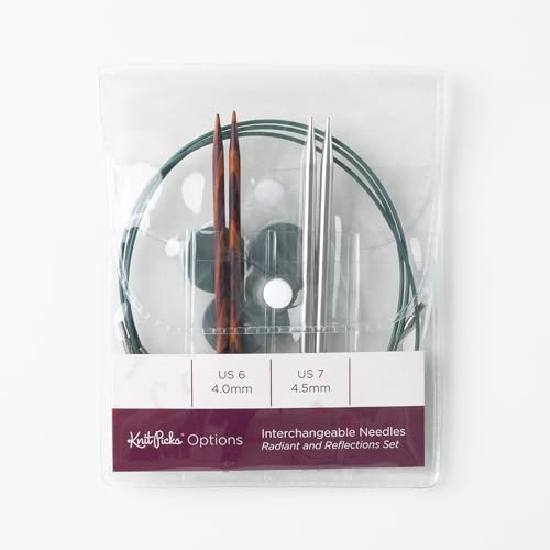 Knit Picks Wood and Metal Interchangeable Knitting Needles Set - US 6 and 7 | 1 pair of stainless steel knitting needles in size 7 and 1 pair of wood knitting needles in size 6, 4.75" long, with cables - color: Radiant & Reflections