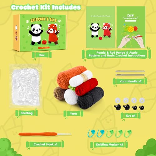 2PCS Pandas Crochet Kit for Beginners Animal Crochet Starter Kit for Adults | White and Red Panda Crochet Animal Kit with Step-by-Step Video Tutorials, Apple Crocheting Kit, Knitting Kit for Birthday - color: White Red Panda Apple