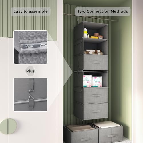 6-Shelf Hanging Closet Organizer with 3 Drawers, Separable, Medium Gray | Converts into Two 3-Shelf Organizers, Foldable Drawers, Side Pockets, Ideal for Wardrobe, Nursery, Dorm & Closet Storage - color: Medium Gray, size: 6-Shelf Separable