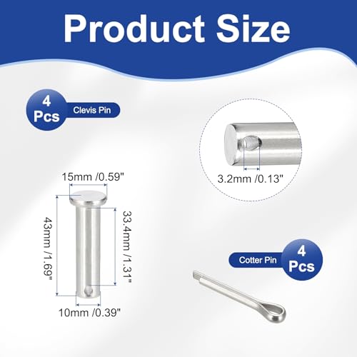 uxcell 4Pcs M10x40mm Clevis Pins, 304 Stainless Steel Single Hole Flat Head Hitch Fastener Lock Systems with Cotter Pins for Furniture Installation Trailer Lawn Mower, Silver - size: M10x40mm