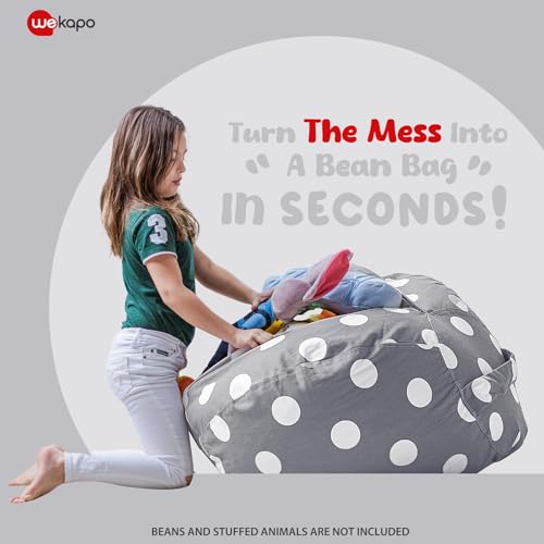 WEKAPO Stuffed Animal Storage Bean Bag Chair Cover for Kids | Stuffable Zipper Beanbag for Organizing Children Plush Toys Large Premium Cotton Canvas (Gray Dot, X-Large) - color: Gray Dot, size: X-Large