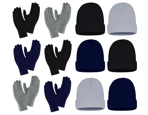 12 Pack Winter Beanies & Gloves Set, Stretchy Knit Unisex Men Women Toboggan Skull Cap - color: Black, Navy, & Gray