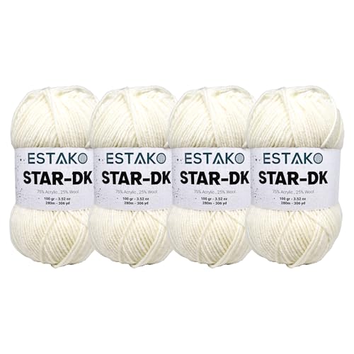 Estako Star-DK Soft Yarn for Crocheting, DK Weight 3, 4-Pack, Off White | 75% acrylic 25% wool, 4 skeins, 400 g, 1224 yds, amigurumi, granny squares, socks, beanies, mittens, plush toys - color: 30169 - Off White, size: Pack of Four