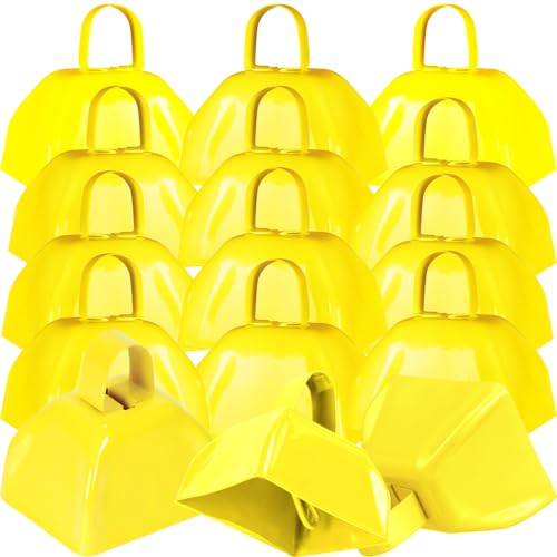 15 Pack 3 Inch Metal Cowbell Noisemaker Cheering Bell Yellow Cowbells for Sporting Events Bulk Loud Cow Bell with Handles, Small Hand Percussion Cowbells for Cheering, Football Games, Weddings - color: Yellow