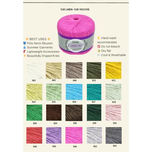 Lino Yarn - 50% Linen 50% Viscose Blend, 50g (1, 913) | Super Fine (1), 191 yds. Breathable natural fibers perfect for elegant summer knitting and crochet garments - color: 913