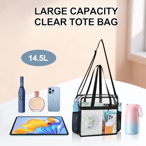 Clear Bag for Stadium Events 12×6×12 Clear Tote Bag | See Through Bag with Removable Shoulder Strap for Concert,Sport,Festival - color: Black, style: Upgrade Main Pocket