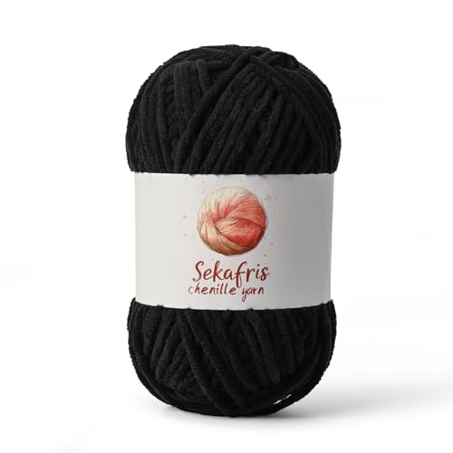 Chenille Yarn for Crocheting, Size 5 Bulky,Black | 100g/131yds Soft Chunky Velvet Yarn for Crochet and Knitting,Fluffy Baby Yarn for Amigurumi,Blankets and DIY Crafts. - color: Black