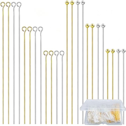 600Pcs Ball Head Pins Eye Pins for Jewelry Making Supplies Straight Bendable Ball Headpin for DIY Craft Earring Pendant Necklace Bracelet Jewelry Findings, 1.2", 1.6", 2", Gold and Silver - color: Gold+Silver, size: 2In 1.6In 1.2In(Ball Head + Eye)