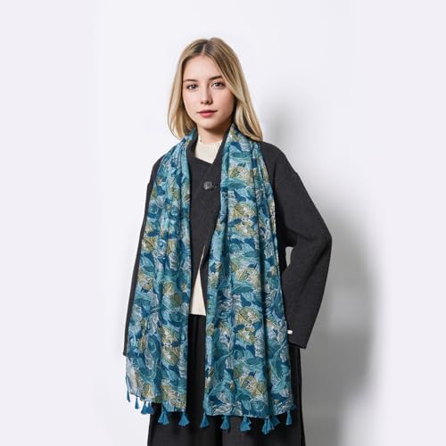 QIUTIMIY Scarf for Women Lightweight Soft Floral Leopard Printed Scarves Fall Winter Fashion Shawl Wrap with Fringe - color: Flower-lake Blue