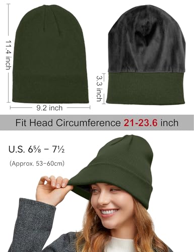Fleece Lined Wool Beanie Hat Men Women, Warm Cuffed Winter Cap | 50% Wool Thermal Knit, Soft Velvet Fleece Liner, Long Style Full Ear Cover Warm Watch Cap, Tall Roomy Crown Skull Cap - color: Army Green
