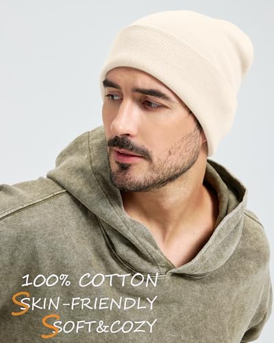 100% Cotton Beanie Lengthen Cuffed Beanies Knit Winter Hats Unisex | Double-Layer Warmth,Ultra-Soft 100% Cotton Knit,Long Non-itchy,Snug No-Slip Stretch Fit,Warm Winter Skull Cap - color: 1-beige