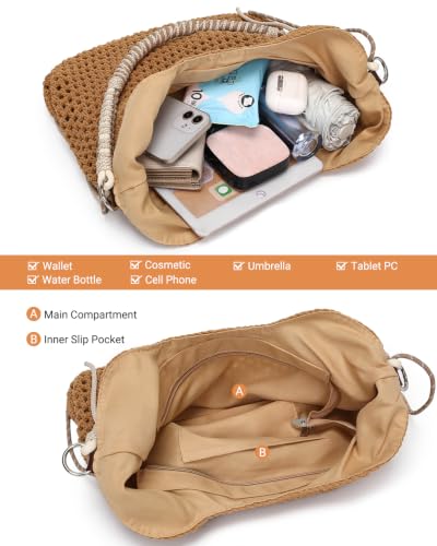 Herald Crochet Beach Hobo Shoulder Purse Tote Bag Handbag for Women | Soft Woven Knit, Bohemian Slouchy Style, Zipper Closure ,Large Capacity, For Daily, Spring Summer Beach Vacation, Travel - color: Brown