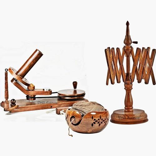 DnU Avenue Wooden Yarn Ball Winder Set with Yarn Swift and Bowl – Handcrafted Wood Wool Winder for Knitting Crochet – Premium Manual Yarn Winder for Home Use – Brown - color: Winder, Swift & Bowl