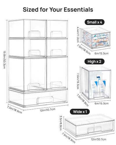 Vtopmart Clear Stackable Storage Drawers Set of 7, Plastic Organizer Bins | Multi-purpose Boxes for Baby Bottle Storage, Ideal for Kichen, Vanity, Bathroom, Undersink, Cabinet, Pantry Organization - style: 4 Small+2 High+1 Wide