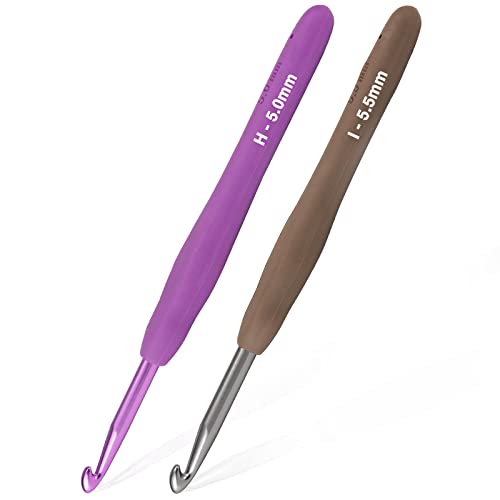 YOJOB 2-Pack Size H / 5mm, I / 5.5mm Crochet Hooks, Ergonomic Crochet Hook | Super Smooth Knitting Needles with Soft Rubber for Beginner and Advanced (5.0mm,5.5mm) - size: 5mm,5.5mm