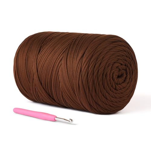 (800g/228yds) T Shirt Yarn, Soft Tshirt Crochet Yarn for Crafts and DIY Knitting Crocheting Cloth/Bag/Basket/Coaster, 100% Polyeste Elastic Fabric Chunky Thick Yarns for Crocheting (Coffee) - color: Coffee