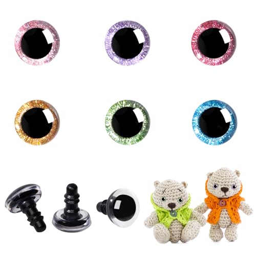 MUCUNNIA 60pcs 10mm 3D Glitter Plastic Safety Eyes for Amigurumi Trapezoid Craft Crochet Doll Eyes with Washers Stuffed Animal Eyes for DIY of Puppet, Bear Plush Animal Halloween Decorations(6 Colors) - size: 10mm