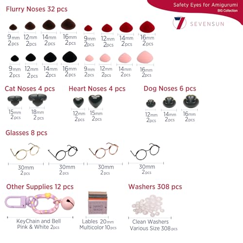 SEVENSUN 636 PCS Safety Eyes for Crocheting, Crochet Safety Eyes and Noses for Amigurumi Crochet Animals Craft Doll Eye Glasses - color: 636 pcs Assorted