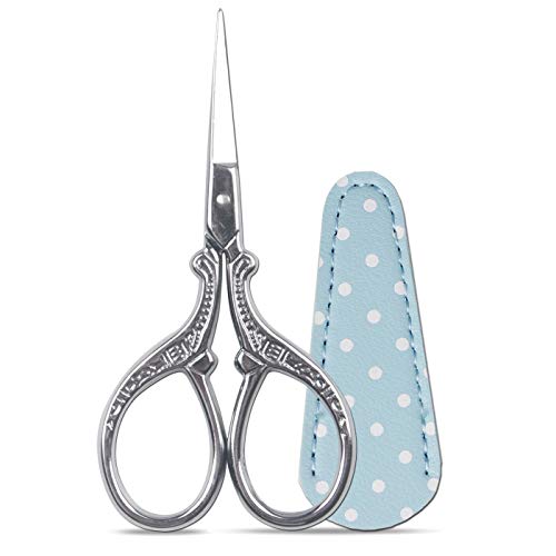 Vintage Embroidery Scissors 3.6 inch Sharp Mini Crochet Cross Stitch Travel | Craft Scissors Shears for Crafting Fabric Scissor for Art Work Threading Needlework DIY Tools with Leather Scissor Cover - color: Silver