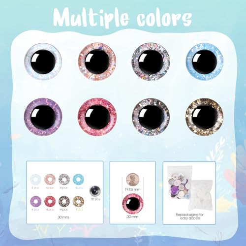 40Pcs 30mm Safety Eyes for Crocheting Mermaid Amigurumi Eyes for Crochet Animals Crochet Doll Craft Eyes with Washers Stuffed Animal Eyes for DIY of Puppet Bear Animal Halloween Decorations - size: 30mm