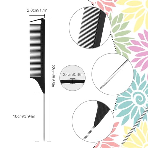 Patelai 30 Pcs Rat Tail Steel Combs Fine Tooth Bulk,Black, Pink, Purple | Long Steel Pin Pintail Bulk for Salon Hair Stylists ,Hair Teasing Fine Tooth Comb for Women,Teasing Detangling Tools - color: Black, Pink, Purple