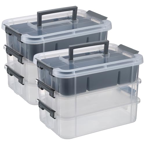 JUXYES 3-Tiers Plastic Stack Carry Storage Containers Box wih Handle Lids | 2 Pack Clear Stackable Craft Storage Bin for School & Office Supplies, Organizing Stationery, Sewing, Art Craft, DIY Supplies - color: Gray