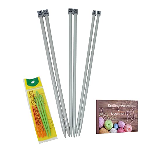 KnitPal 16-Inch (40cm) Aluminum Knitting Needles Set for Blankets - 3 Pairs | US Sizes 13/9mm, 15/10mm, 17/12mm -Straight Knitting Needles Set Single Pointed - Metal Knitting Needles with eBook - size: US 13, 15, 17 (9mm, 10mm, 12mm), 16 inches