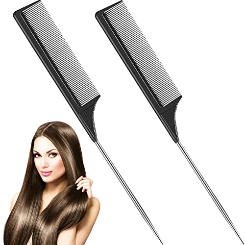 Leinuosen 2 Pcs Rat Tail Combs Steel Pin Carbon Fiber Teasing Hair | Heat Resistant Pintail, Metal Parting Tip for Sectioning, Professional Styling Comb, Salon Quality for Women Haircare