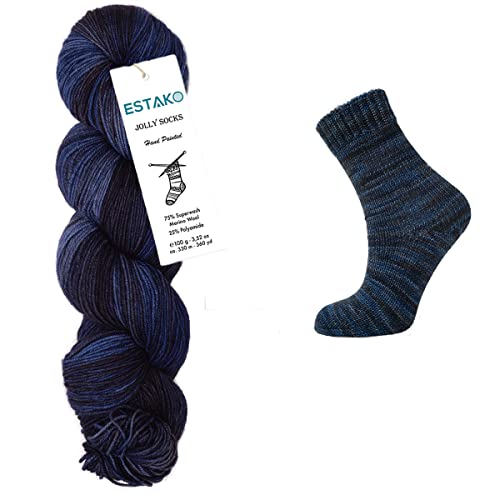 Estako Jolly Socks Hand Painted Superwash Merino Wool Yarn, Blue Horizon | sock weight, fingering weight, variegated, 3.52 oz, 360 yds, 2.5-3 mm needles, 29 sts gauge, machine washable - color: 7272 - Blue Horizon