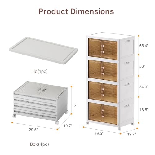 UAMFURI Stackable Storage Bins with Lids, 720QT Lockable Storage Cabinet | Folding Storage Box with Doors and Wheels, Collapsible Plastic Drawers for Home, Garage, Office - color: White, size: Extra Large