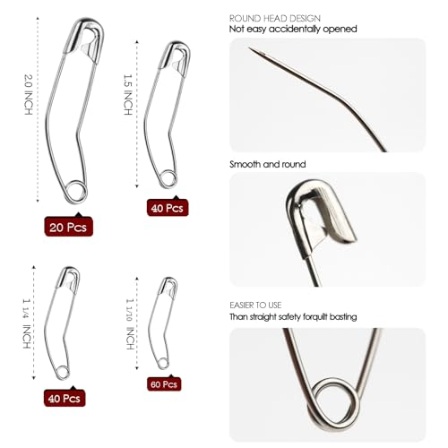 160 Pcs Curved Safety Pins for Quilting Basting Pins 28mm 32mm 38mm 54mm | 160 Pcs Curved Safety Pins for Quilting Basting Pins 28mm 32mm 38mm 54mm Assorted Sizes Stainless Steel Quilting Pins - size: 1.1-2.1 inch