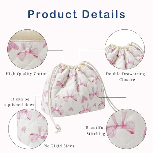 uekeboag Cotton Quilted Drawstring Makeup Bag（14Heart Bow） | Small ,Canvas Lining, Foldable Coquette Aesthetic Cute Travel Toiletry Bag,Drawstring Gift Bag for Women and Girls - color: 14Heart Bow