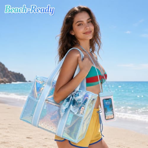 Sisipoet Women Clear Beach Bag, Large Iridescent Clear Tote Bag with Phone Pouch and Strap, Heavy Duty Waterproof Jelly Tote - color: Iridescent-blue