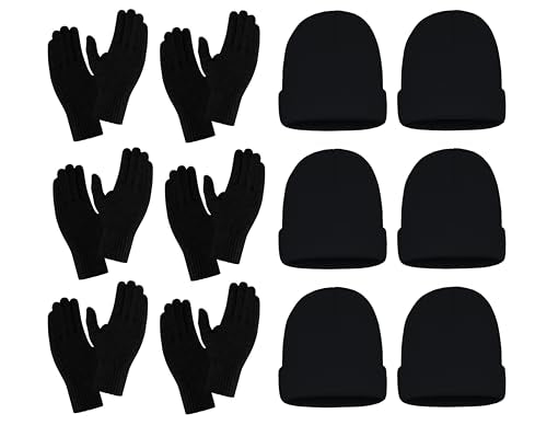12 Pack Winter Beanies & Gloves Set, Stretchy Knit Unisex Men Women Toboggan Skull Cap - color: Black