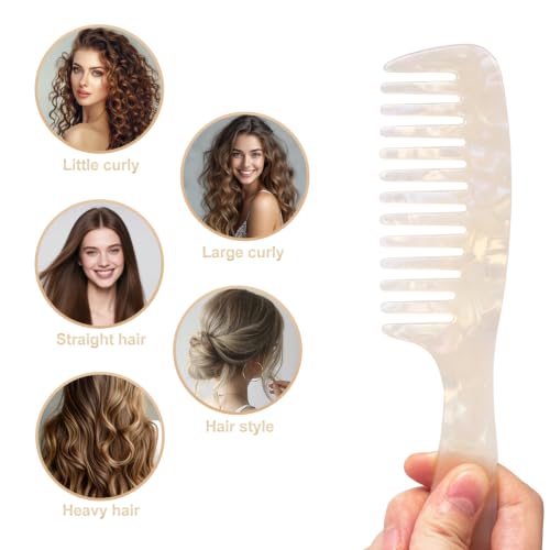 Large Wide Tooth Hair Comb Tortoise Shell Comb for Thick Curly Hair | Cellulose Acetate Hair Detangling Comb Round Tooth for Women Men or Kids, Anti-Static Wet or Dry, White - color: White